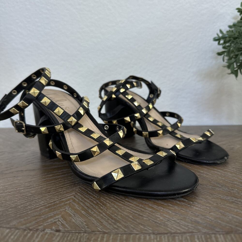 Lulus Black gold Studded Strappy Gladiator Sandals‎ Block Heel Shoes Size 8.5